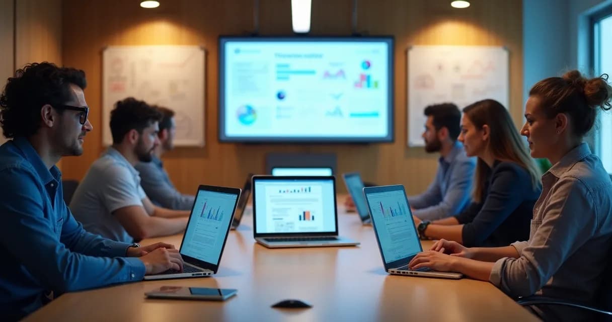 Equipe de mentores reunida em mesa com telas mostrando automações