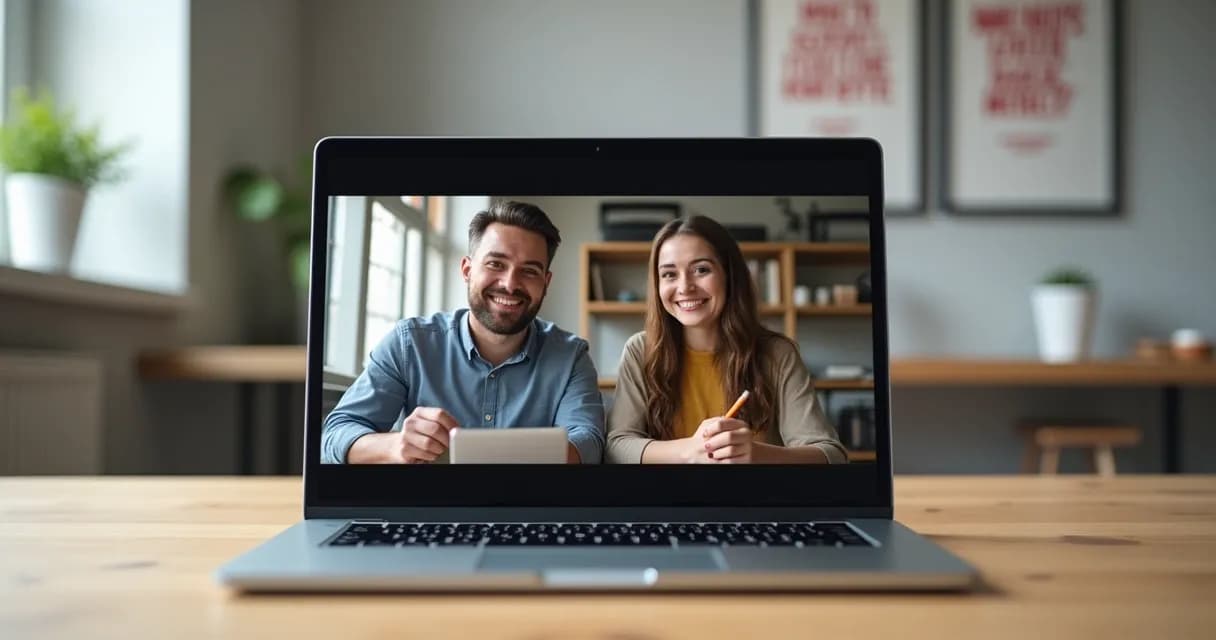 Videochamada acontecendo em um notebook entre mentor e mentorado, ambos sorrindo